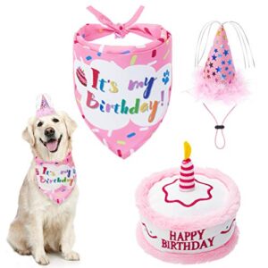 dog birthday bandana set - cute hat and squeaky cake toy for birthday party supplies gift - great for small medium large dogs pink