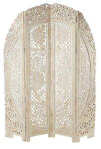 deco 79 wood floral handmade hinged foldable arched partition 4 panel room divider screen with intricately carved designs, 60" l x 2 "w x 72"h, white