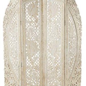 Deco 79 Wood Floral Handmade Hinged Foldable Arched Partition 4 Panel Room Divider Screen with Intricately Carved Designs, 60" L x 2 "W x 72"H, White