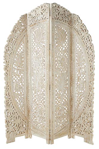 Deco 79 Wood Floral Handmade Hinged Foldable Arched Partition 4 Panel Room Divider Screen with Intricately Carved Designs, 60" L x 2 "W x 72"H, White