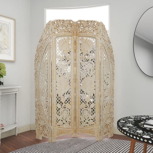 Deco 79 Wood Floral Handmade Hinged Foldable Arched Partition 4 Panel Room Divider Screen with Intricately Carved Designs, 60" L x 2 "W x 72"H, White