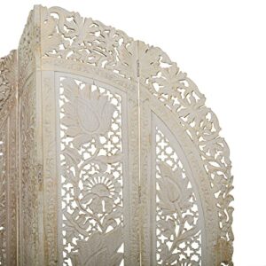 Deco 79 Wood Floral Handmade Hinged Foldable Arched Partition 4 Panel Room Divider Screen with Intricately Carved Designs, 60" L x 2 "W x 72"H, White