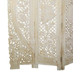 Deco 79 Wood Floral Handmade Hinged Foldable Arched Partition 4 Panel Room Divider Screen with Intricately Carved Designs, 60" L x 2 "W x 72"H, White