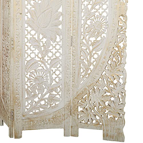 Deco 79 Wood Floral Handmade Hinged Foldable Arched Partition 4 Panel Room Divider Screen with Intricately Carved Designs, 60" L x 2 "W x 72"H, White