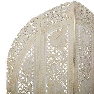 Deco 79 Wood Floral Handmade Hinged Foldable Arched Partition 4 Panel Room Divider Screen with Intricately Carved Designs, 60" L x 2 "W x 72"H, White