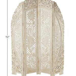 Deco 79 Wood Floral Handmade Hinged Foldable Arched Partition 4 Panel Room Divider Screen with Intricately Carved Designs, 60" L x 2 "W x 72"H, White