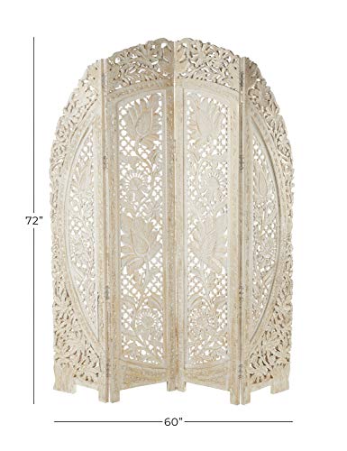 Deco 79 Wood Floral Handmade Hinged Foldable Arched Partition 4 Panel Room Divider Screen with Intricately Carved Designs, 60" L x 2 "W x 72"H, White