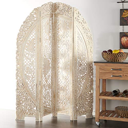 Deco 79 Wood Floral Handmade Hinged Foldable Arched Partition 4 Panel Room Divider Screen with Intricately Carved Designs, 60" L x 2 "W x 72"H, White