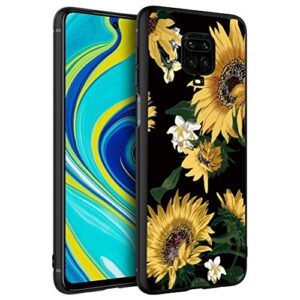 kapuctw case for xiaomi redmi note 9s, black silicone matt back cover with floral design - xiaomi redmi note 9s [6.67"] slim thin shockproof soft gel tpu rubber bumper for燝irls (sunflower)