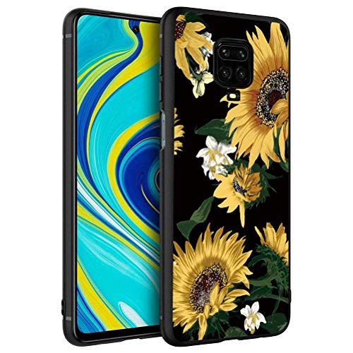 KAPUCTW Case for Xiaomi Redmi Note 9S, Black Silicone Matt Back Cover with Floral Design - Xiaomi Redmi Note 9S [6.67"] Slim Thin Shockproof Soft Gel TPU Rubber Bumper for燝irls (Sunflower)