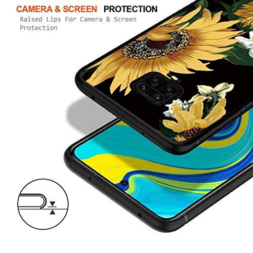 KAPUCTW Case for Xiaomi Redmi Note 9S, Black Silicone Matt Back Cover with Floral Design - Xiaomi Redmi Note 9S [6.67"] Slim Thin Shockproof Soft Gel TPU Rubber Bumper for燝irls (Sunflower)