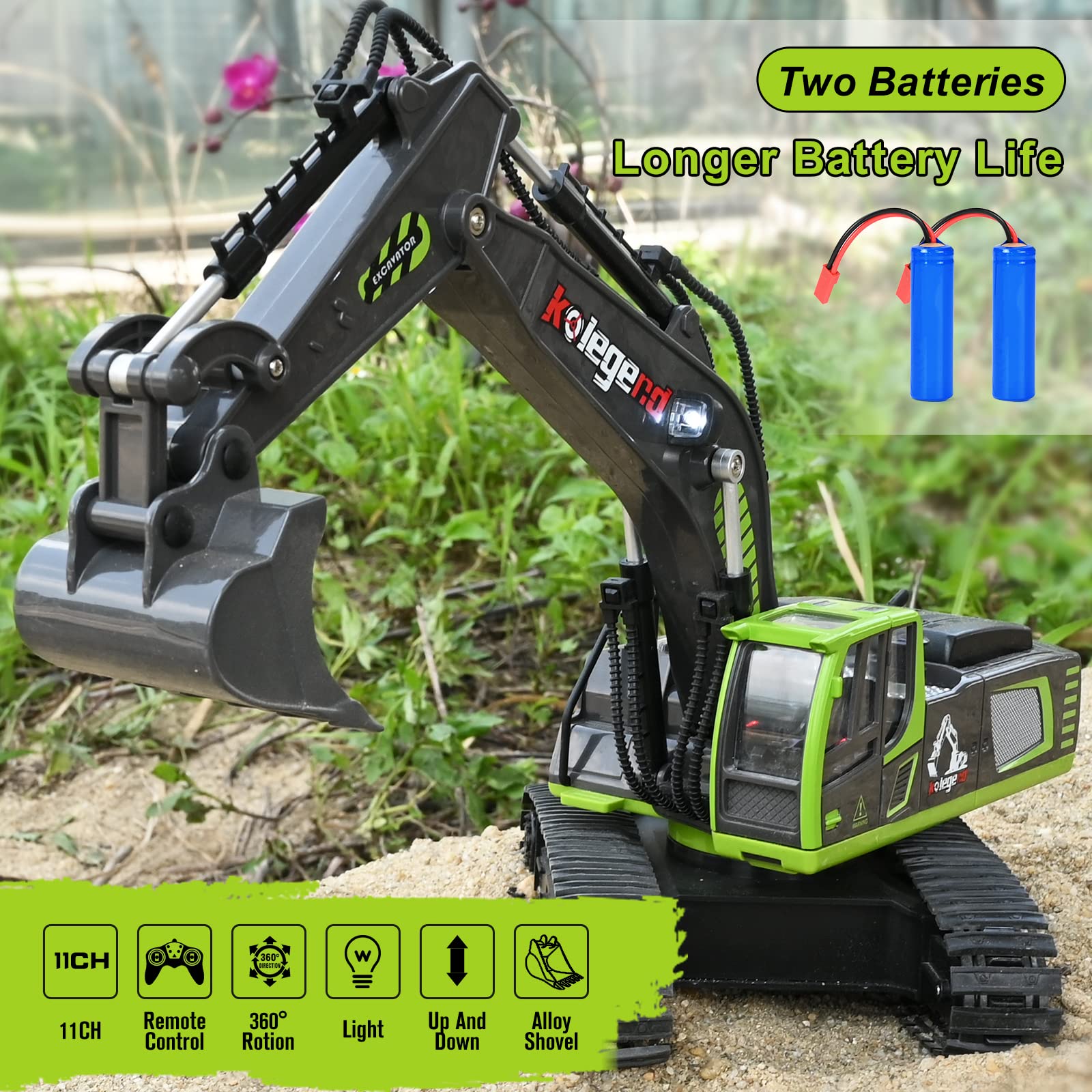 kolegend 11 Channel Remote Control Excavator Toy Truck, 1/18 Scale RC Toys Excavator Construction Vehicles for Boys Girls Kids RC Tractor with Lights Rechargeable Battery