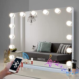 fenair hollywood vanity mirror with lights with bluetooth, lighted makeup mirror with 14 bulbs, 3 light colors, adjustable brightness, usb port, tabletop wall mount bedroom beauty mirror