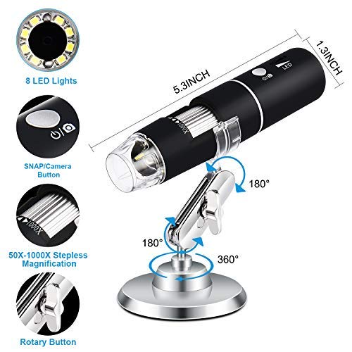 Digital Microscope Handheld USB Magnification Microscope Camera 50-1000X Zoom 1080P Mini Microscope Portable Pocket Microscope 8 Lights for Android Phone Table Windows Mac (Black)