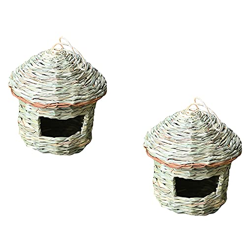 Rehomy Hanging Bird Houses Nest, 2pcs Reed Grass Hand Woven Bird Nesting Hanging Cage Grass Bird Hut Shelter for Parrot, Cockatiel, Parakeet, Canary, Finch Bird, Hummingbird, Dove, Budgie