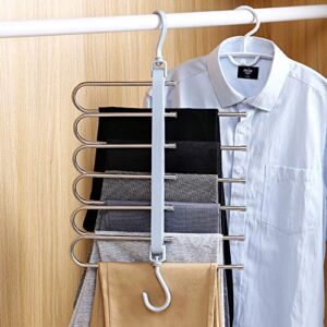 Space Saving Pants Hangers, Foldable 6 Layers Stainless Steel Jeans Organizer for Closet, Non-Slip 6 in 1 Multifunctional Trouser Rack (Blue)