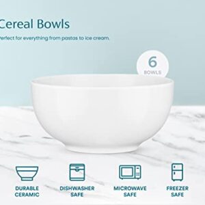 KooK Ceramic Cereal Bowls, Microwave, Dishwasher and Freezer Safe, Porcelain Dishes for Soup, Pasta, Salad, Oatmeal, Deep Interior, 24 oz (White 6 Inch)