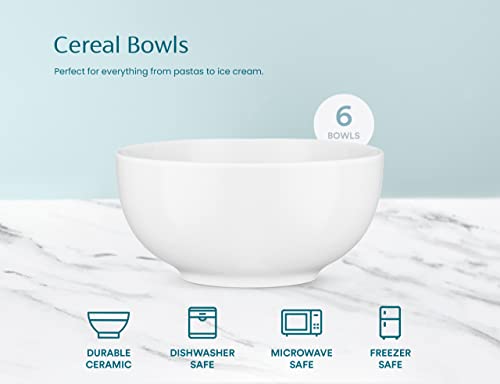 KooK Ceramic Cereal Bowls, Microwave, Dishwasher and Freezer Safe, Porcelain Dishes for Soup, Pasta, Salad, Oatmeal, Deep Interior, 24 oz (White 6 Inch)