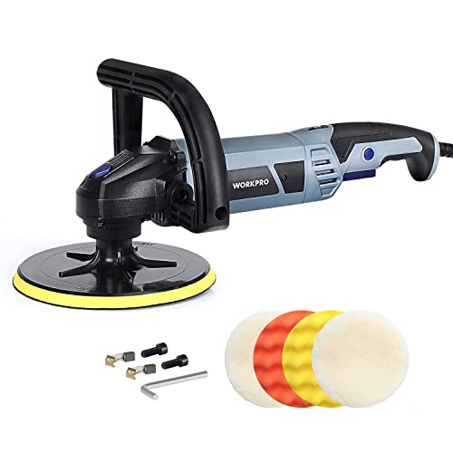 WORKPRO Buffer Polisher - 7-inch Car Buffer Waxer with 4 Buffing and Polishing Pads, 6 Variable Speed 1000-3800 RPM, Detachable Handle, Ideal for Car Detailing, Sanding, Polishing, Waxing