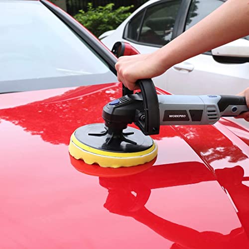 WORKPRO Buffer Polisher - 7-inch Car Buffer Waxer with 4 Buffing and Polishing Pads, 6 Variable Speed 1000-3800 RPM, Detachable Handle, Ideal for Car Detailing, Sanding, Polishing, Waxing