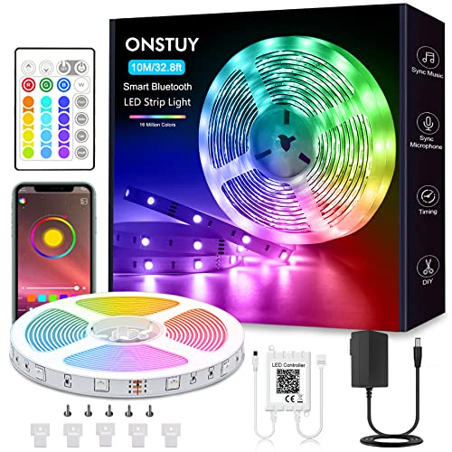 ONSTUY LED Strip Lights 32.8ft,Smart Bluetooth RGB Music Sync Color Changing LED Strip Lights with App Control Remote Led Lights for Bedroom,Room,TV,Party,Home Decoration