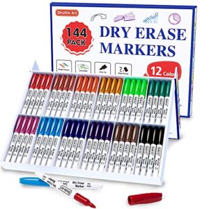 shuttle art dry erase markers, 12 colors 144 bulk pack whiteboard markers, fine point dry erase markers perfect for writing on dry erase whiteboard mirror glass for school office home