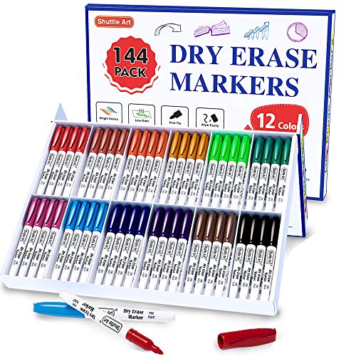 Shuttle Art Dry Erase Markers, 12 Colors 144 Bulk Pack Whiteboard Markers, Fine Point Dry Erase Markers Perfect for Writing on Dry Erase Whiteboard Mirror Glass for School Office Home