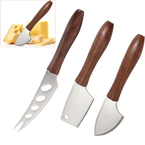 LGUIY Cheese Knives,Cheese Knife Set,3-Piece Long Handle Multi-Use Cheese Knife Tools,Premium Stainless Steel,Wooden Handle Cheese Knives