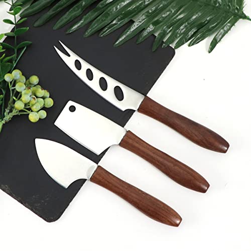 LGUIY Cheese Knives,Cheese Knife Set,3-Piece Long Handle Multi-Use Cheese Knife Tools,Premium Stainless Steel,Wooden Handle Cheese Knives