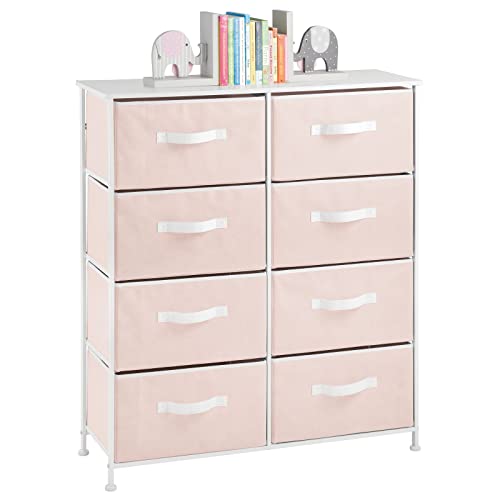 mDesign 38.31" High Steel Frame/Wood Top Storage Dresser Furniture, 8 Fabric Drawers, Large Bureau Organizer for Baby, Kid, Teen Bedroom, Nursery, Playroom, Dorm, Jane Collection, Pink/White