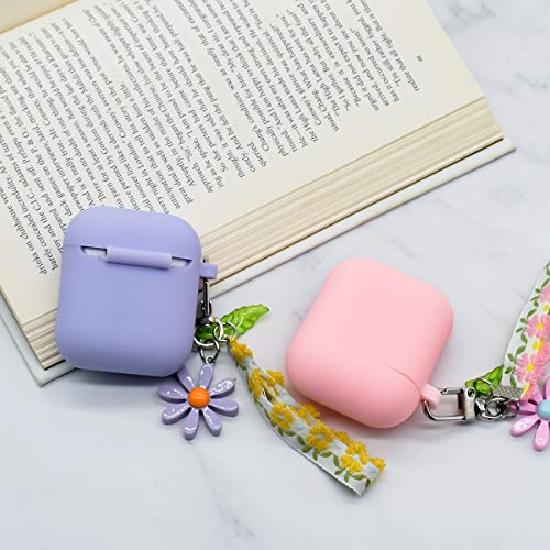 Ownest Compatible for AirPods Case Soft Silicone with Cute Keychain Shockproof Cover Case for Girls Woman Airpods 2 &1-Purple