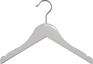 kids white finish wood top hanger with notches and rubber strips in 12" length x 7/16" thick with chrome hardware, box of 100