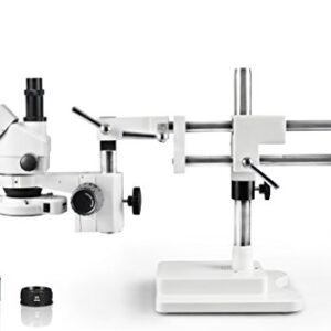 Parco Scientific PA-5FLZ-IFR07 Trinocular Lockable Zoom Stereo Microscope | 10x WF Eyepiece, 0.7X—4.5X Zoom, 3.5X—90x Magnification, 0.5X & 2X Aux Lens | Double Arm Boom Stand | 144-LED Ring Light