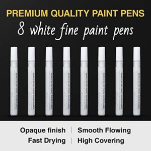 White Paint Pen for Art - 8Pack Acrylic White Paint Marker for Rock Painting, Stone, Wood, Canvas, Glass, Metal, Metallic, Ceramic, Tire, Graffiti, Paper, Drawing, Highlight Water-Based Paint Sets