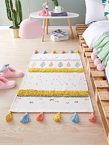 Kingrol 2' x 3' Bright Area Rug, Tufted Cotton Throw Rug with Tassel - Spring Home Decor for Nursery Kitchen Living Room Bedroom Bathroom Laundry Room, Yellow/Beige