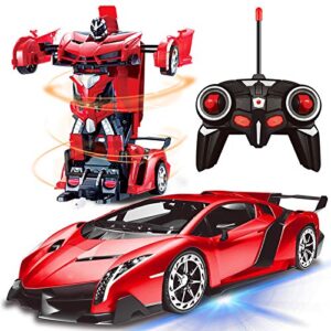 amenon remote control transform car robot toy for boys kids teens toys with lights rc car 2.4ghz 1:18 rechargeable 360°rotating race car toys gifts for kids girls party favors (red)