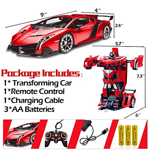 AMENON Remote Control Transform Car Robot Toy for Boys Kids Teens Toys with Lights RC Car 2.4Ghz 1:18 Rechargeable 360°Rotating Race Car Toys Gifts for Kids Girls Party Favors (Red)