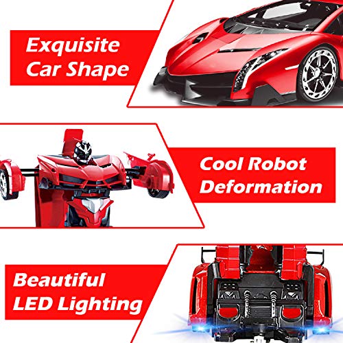 AMENON Remote Control Transform Car Robot Toy for Boys Kids Teens Toys with Lights RC Car 2.4Ghz 1:18 Rechargeable 360°Rotating Race Car Toys Gifts for Kids Girls Party Favors (Red)