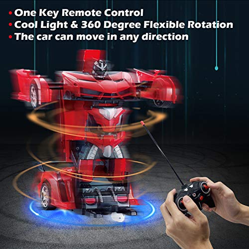 AMENON Remote Control Transform Car Robot Toy for Boys Kids Teens Toys with Lights RC Car 2.4Ghz 1:18 Rechargeable 360°Rotating Race Car Toys Gifts for Kids Girls Party Favors (Red)