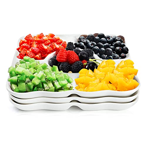 Nologo 4 Pcs White Plastic Divided Appetizer Serving Tray 5-Section Candy Snack Salad Desserts Dried Fruit Nuts Plate for Thanksgiving Wedding Home Office Party