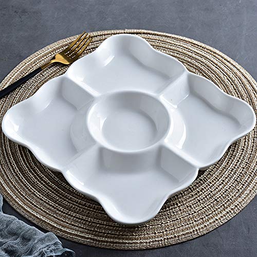 Nologo 4 Pcs White Plastic Divided Appetizer Serving Tray 5-Section Candy Snack Salad Desserts Dried Fruit Nuts Plate for Thanksgiving Wedding Home Office Party