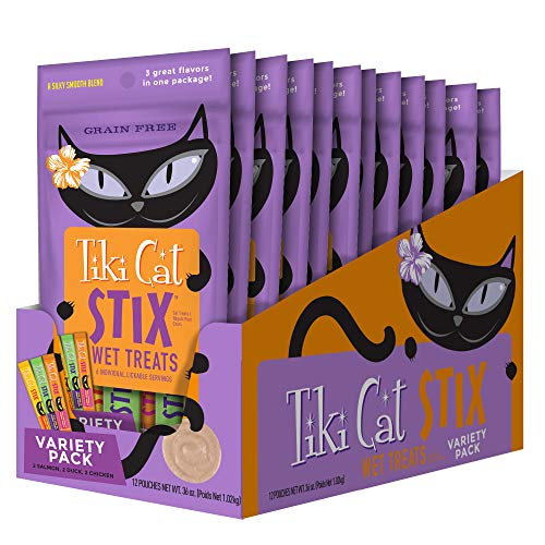 Tiki Cat Stix Wet Mousse Treats, Single Serve Indulgent Lickable Treat or Dry Food Topper, Variety Pack with Salmon, Chicken, and Tuna, 3 oz. Pouch (Pack of 12)