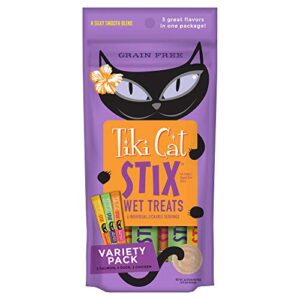 Tiki Cat Stix Wet Mousse Treats, Single Serve Indulgent Lickable Treat or Dry Food Topper, Variety Pack with Salmon, Chicken, and Tuna, 3 oz. Pouch (Pack of 12)