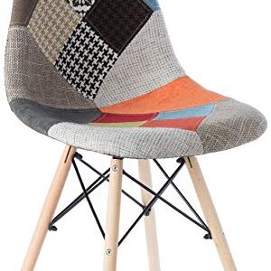 Mid-Century Modern Upholstered Plastic Multicolor Fabric Patchwork DSW Shell Dining Chair with Wooden Dowel Eiffel Legs