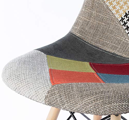 Mid-Century Modern Upholstered Plastic Multicolor Fabric Patchwork DSW Shell Dining Chair with Wooden Dowel Eiffel Legs