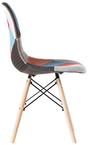 Mid-Century Modern Upholstered Plastic Multicolor Fabric Patchwork DSW Shell Dining Chair with Wooden Dowel Eiffel Legs