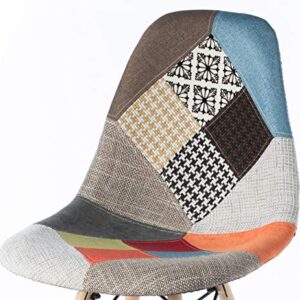 Mid-Century Modern Upholstered Plastic Multicolor Fabric Patchwork DSW Shell Dining Chair with Wooden Dowel Eiffel Legs