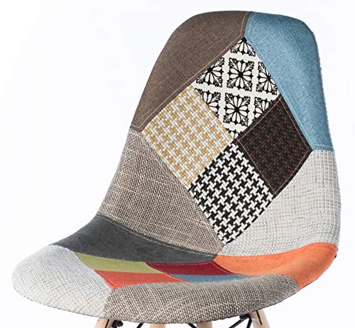 Mid-Century Modern Upholstered Plastic Multicolor Fabric Patchwork DSW Shell Dining Chair with Wooden Dowel Eiffel Legs