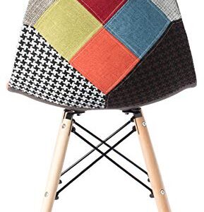 Mid-Century Modern Upholstered Plastic Multicolor Fabric Patchwork DSW Shell Dining Chair with Wooden Dowel Eiffel Legs