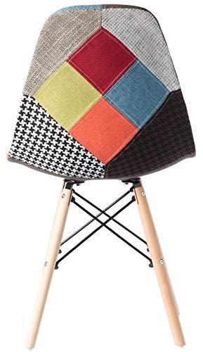 Mid-Century Modern Upholstered Plastic Multicolor Fabric Patchwork DSW Shell Dining Chair with Wooden Dowel Eiffel Legs